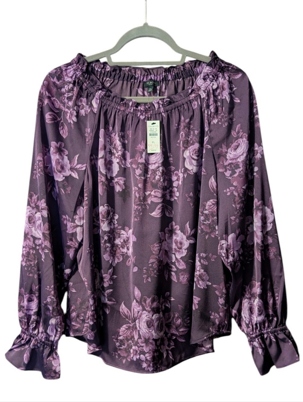 Talbot's Purple Soft Satin Charmeuse Top Flourishing Florals